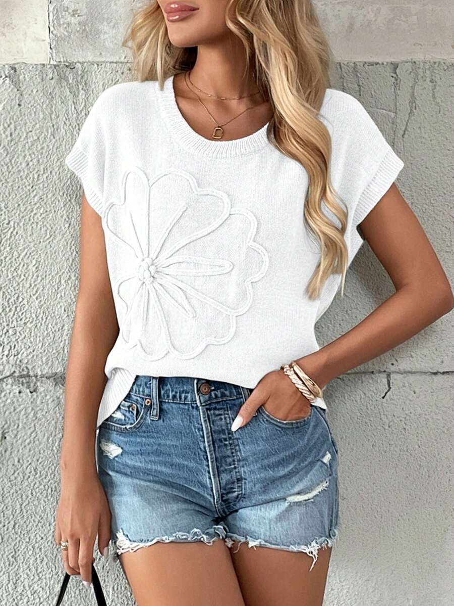 Elegant Women Loose Knit Sleeveless Vest, Casual Versatile Basic Top, Retro Vintage Style, Suitable For Spring/Summer, Back To School Season, Christmas, Thanksgiving, New Year And Other Occasions (Flower Placement Random) - White - View 1