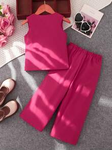 2pcs/Set Young Girls Party Outfit, Fashionable Sleeveless Top And Wide Leg Pants Set, Pleated Hem Top And Elastic Waist Pants, European Style Fuchsia Outfit For Young GirlSuitable For Spring, Summer And Autumn - Hot Pink - View 5