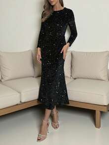 优雅晚礼服，正式聚会，圣诞节，新年，亮片高端奢华优雅长袖连衣裙，黑色，春季款 - 黑色 - 查看 2