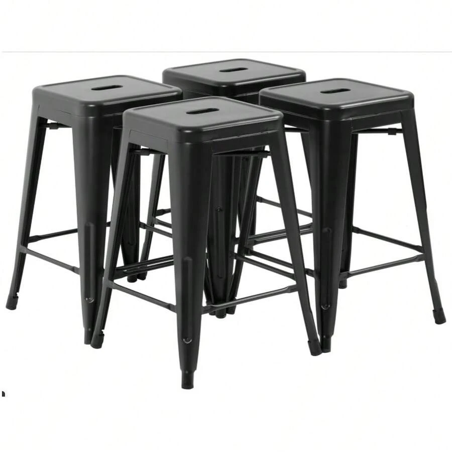 Metal Bar Stools Set Of 4 Counter Height Bar Stools 24 Inches Industrial Bar Chairs Patio Stool Stackable Backless Stool Indoor Outdoor Metal Kitchen Stools Bar Chairs,Space Saving, Patio Balcony - Màu xám đen - Xem 1
