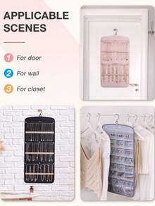 Large Capacity Jewelry Organizer Hanging Bag - Double-Sided Wall-Mounted Closet Storage With Hooks For Earrings/Necklaces/Rings | Dustproof Premium Polyester Door Organizer (Black Valentine's Gift Idea) Hanging Jewelry Organizer, Necklace Holder  Earrings Rings Hanger With Pockets Hang On Closet, Wall, Door,1 Piece, Extra Large Black - 彩色 - 查看 10