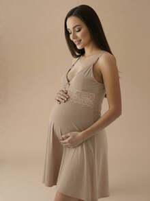 Nursing Nightgown With Lace Detail For Postpartum Comfort And Maternity. - Beige - View 3