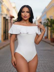 May White Bodysuit With Ruffle, Elegant Suplex Fabric - trắng - Xem 1