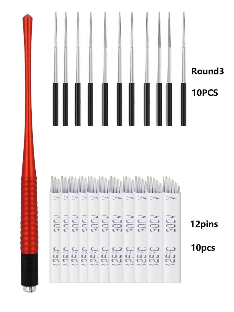 微针纹眉笔 1支装 金色双用途 轻便手动纹眉笔 适用于永久化妆用品 耐用铝制笔身 带锁销技术 + 20支一次性眉微针