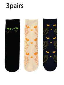 3/5 pares de calcetines para hombre, diseño de gato negro de dibujos animados adecuado para Halloween, calcetines divertidos y de uso urbano para hombre hasta el tobillo
