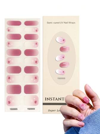 1盒天然粉色甜心极简UV凝胶美甲贴纸，20片半固化指甲凝胶贴纸（适用于手指）
