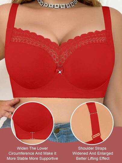 MIMILEMON Plus Size Women's Underwire Bra - Wide Straps, Lift & Side Support, Lace Trim & Bow Details, Comfortable Full Coverage, Suitable For Daily Wear