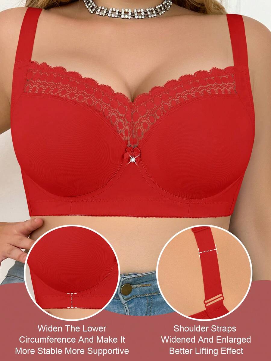 MIMILEMON Plus Size Women's Underwire Bra - Wide Straps, Lift & Side Support, Lace Trim & Bow Details, Comfortable Full Coverage, Suitable For Daily Wear