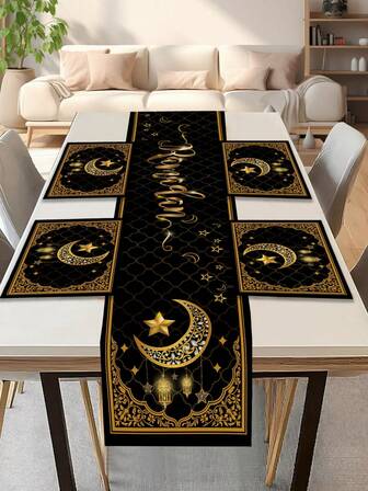 1 pieza Camino de mesa con diseño de luna, 4 piezas Individuales con diseño de luna, adecuado para fiestas, cumpleaños, cenas, decoración de cocina y comedor, aplicable para todas las estaciones, decoración textil para el hogar