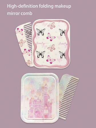 1 قطعة مرآة قابلة للطي مع مشط، بتصميم كرتوني جديد بأشكال فراشة، حرف إنجليزي، قلعة، زهور، مرآة تجميل قابلة للطي للسفر مع مشط، أداة تجميل محمولة للسفر، مرآة وفرشاة شعر 2 في 1، فرشاة هوائية مخدشة، مناسبة للسفر والسكن المنزلي، هدية للأصدقاء والعائلة والحبيبة، عيد الحب، عيد الأم
