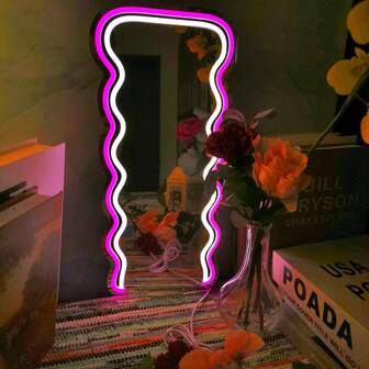  CTTNLS Wellenförmiges Spiegelneon-Schild für Wanddekoration, unregelmäßiger dekorativer Spiegelneonlicht, Wandbehang, Metall & andere Materialien, Schaltersteuerung, Mehrzweckverwendung, USB-betrieben, für Frauen und Mädchen, lustige Deko für Wohnheim und Büro