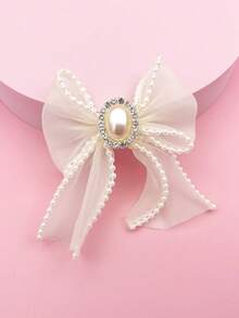 1pc Pearl Mesh Bow Pet Hair Clip With Rhinestone Frog Clasp, Wedding Headpiece For Cats And Dogs - Multicolor - View 8