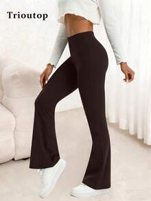 女士高腰喇叭瑜伽裤 - 收腹提臀，弹力休闲裤 | 女装，女士下装，女士长裤 - 棕色 - 查看 1