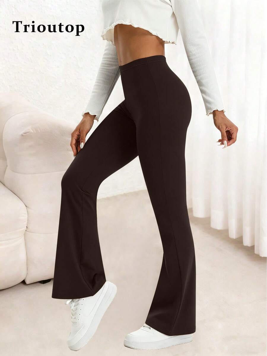 女士高腰喇叭瑜伽裤 - 收腹提臀，弹力休闲裤 | 女装，女士下装，女士长裤 - 棕色 - 查看 1
