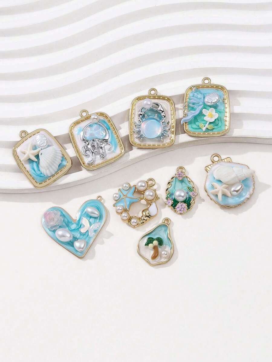 5/10件套 法国油画蓝色海洋系列 椭圆形心形珐琅锌合金吊坠 DIY钥匙扣项链手链手工饰品 - 彩色 - 查看 1