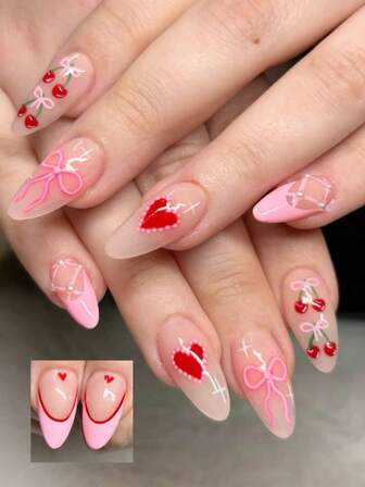 Valentine's Day Nail Set: 24 Pieces Of Almond-Shaped Pressing Nails, With Pink-Style French Bows, Heart-Shaped Cherries And Other Pattern Designs. Made Of Acrylic Nails And Plastic Nails, Also Includes Nail Decorations. Suitable For Women's Date, Party And Festival Nails!