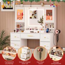 LAKEMID ✨Vanity, 7 Drawers White Vanity Desk With Mirror - Large Makeup Table Set With Cabinets And 3 Modes, 8 Storage Shelves With 2 Ultra-Clear Display Cabinets & 2 Ultra-Clear Dividers, 3 Storage Compartments, Top Shelf Included, Vanity Mirror With Desk Dressing Table For Bedroom, Includes Hairdryer Holder|Essential Makeup Vanity For School Club Performance Makeup Sessions|Autumn & Winter Heartwarming Gift|Fall 2025 Christmas Eve|Perfect Addition To Makeup Routine For Shows,Gatherings And Festivals!|Essential Vanity For The Makeup Show Houston|Columbus Day/Indigenous Peoples' Day|Carbondale Halloween Homecoming Music Street Festival|Veterans Day|Thanksgiving Day|Christmas Spectacular Starring The Radio City Rockettes|Christmas Day|New Year's Eve✨ - 白色 - 查看 6