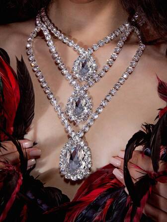 白色水滴奢华水钻吊坠项链 - 1件装多层新娘婚礼珠宝礼品配饰