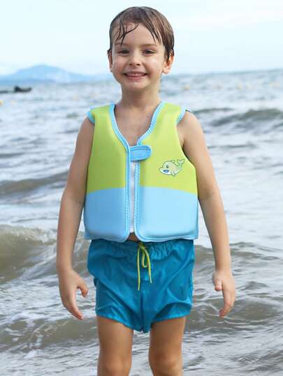 1pc Polyester Waterproof Quick-Dry Cartoon Printed Swim Vest For Teens & Youth, Suitable For Water Sports And Casual Wear, Essential For Swimming