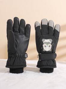 1 双儿童熊猫印花防水加厚保暖冬季手套，适合骑自行车、户外滑冰、雪地