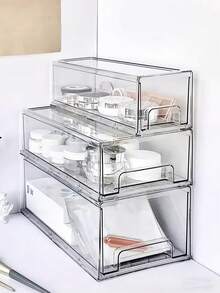 1pc Drawer Style Face Mask Storage Box, Transparent Dust-Proof Desktop Storage Box, Large Capacity Acrylic Cosmetic Storage Box, Vanity Desktop Storage Box, Bathroom Desktop Organizer Rack, Stackable Sunflower Design, Thick Transparent PET Material, Multi-Functional Accessory, Face Mask, Lipstick Storage Box, Student Stationery Storage Box - Transparent - View 6