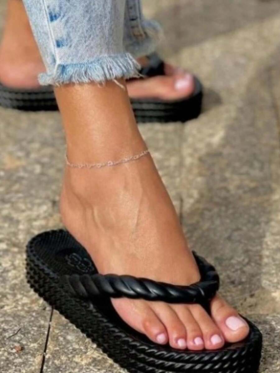 Women's 3-Braid Platform Flip-Flop With Cloud Design, Soft And Comfortable Orthopedic Design. - 黑色 - 查看 1