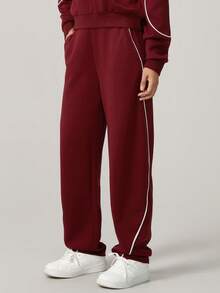 NcmRyu 1件装 女士高腰直筒条纹运动裤，带侧袋 - 酒紅色 - 查看 6