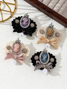 1pc Elegant Floral Fabric Handmade Embossed Portrait Rhinestone Studded Academic Style Brooch Pin, Luxury Jewelry Brooch Gift For Women, Suitable For Daily Wear