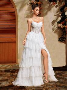 Women's Autumn White Bridal Gown, Multi-Layered Ruffle A-Line Bridesmaid Dress, Solid Color Elegant Wedding Mother's Outfit With Pearl Embroidery & Back Tie Design | Spaghetti Strap Maxi Dress, Suitable For Halloween, Homecoming, Prom, Wedding Guest Attire, Formal Occasions | Exquisite Craftsmanship, Party - White - View 6