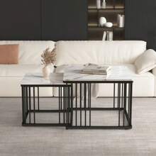 Elegant Set Of 2 Square Coffee Tables (60 X 60 X 45 Cm And 45 X 45 X 40 Cm), Glossy Marble Finish, Height Adjustable Legs, Maximum Load Of 30 Kg. - Black - View 5