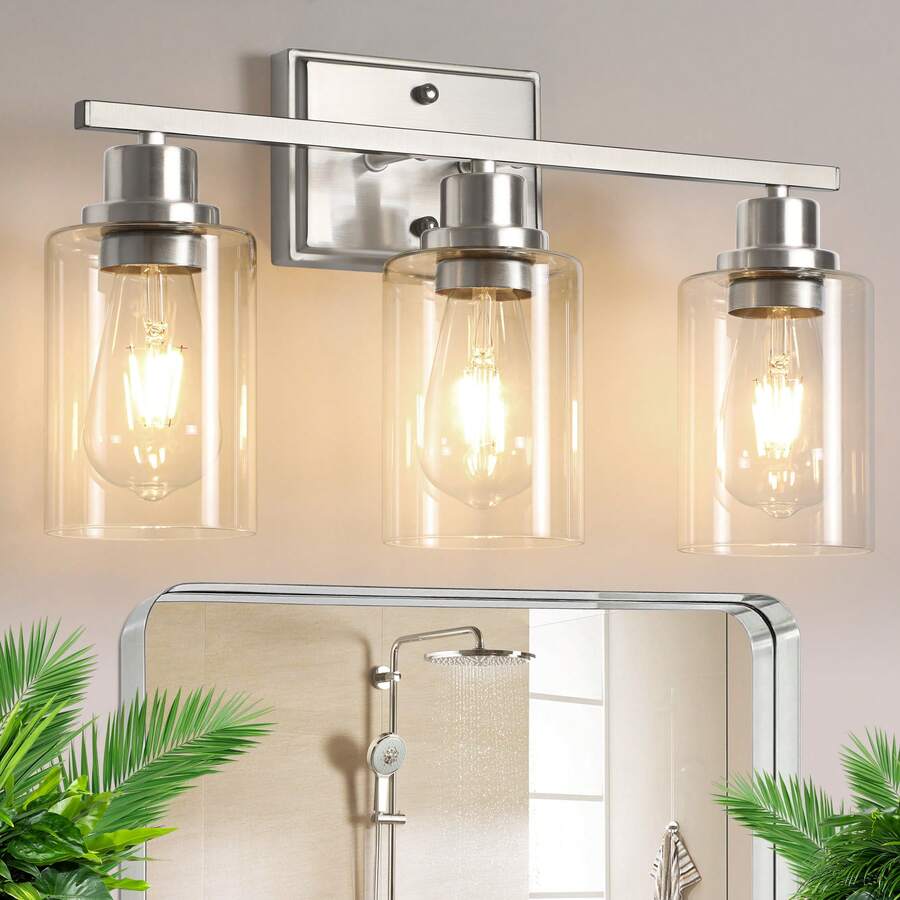 1PC 3-Light Vanity Light Fixtures,Bathroom Wall Lamp, Brushed Nickel Vanity Lamp, Modern Wall Light With Clear Glass Shade And E26 Bulb Base, Wall Lamp Wall Mounted Light For Mirror, Bedroom, Hallway (Bulbs Not Included) - 砂鎳色 - 查看 1