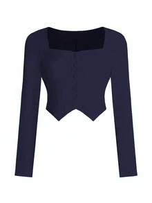 2pcs Women Solid Color Casual Elegant Front Button Pocket Daily Beach Outfit, Autumn/Winter - Navy Blue - View 4