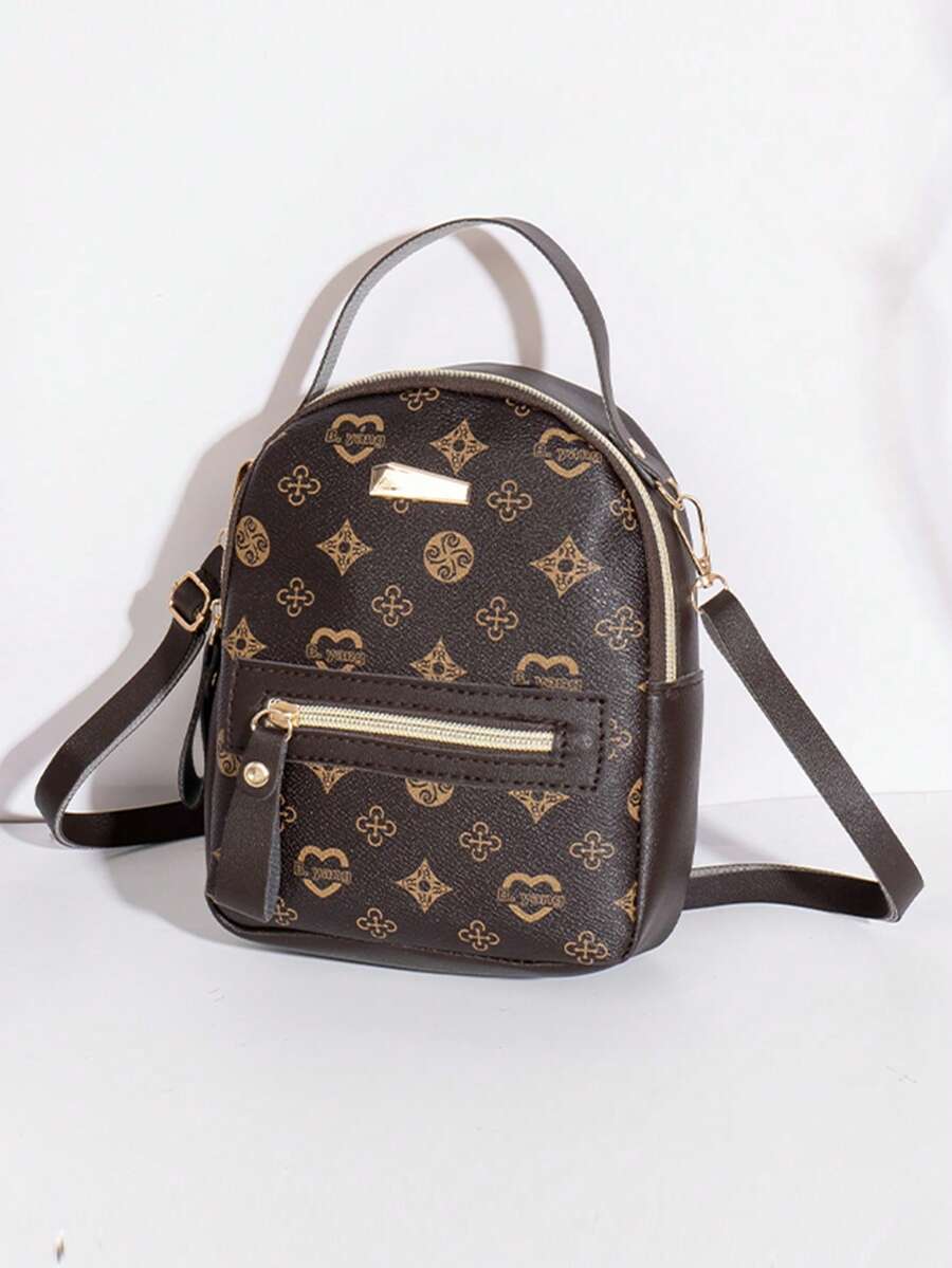1 Mini Printed Metal Decor Backpack, 1 Mini Retro Bookbag, Suitable For Travel And Shopping, Back To School - Coffee Brown - View 1