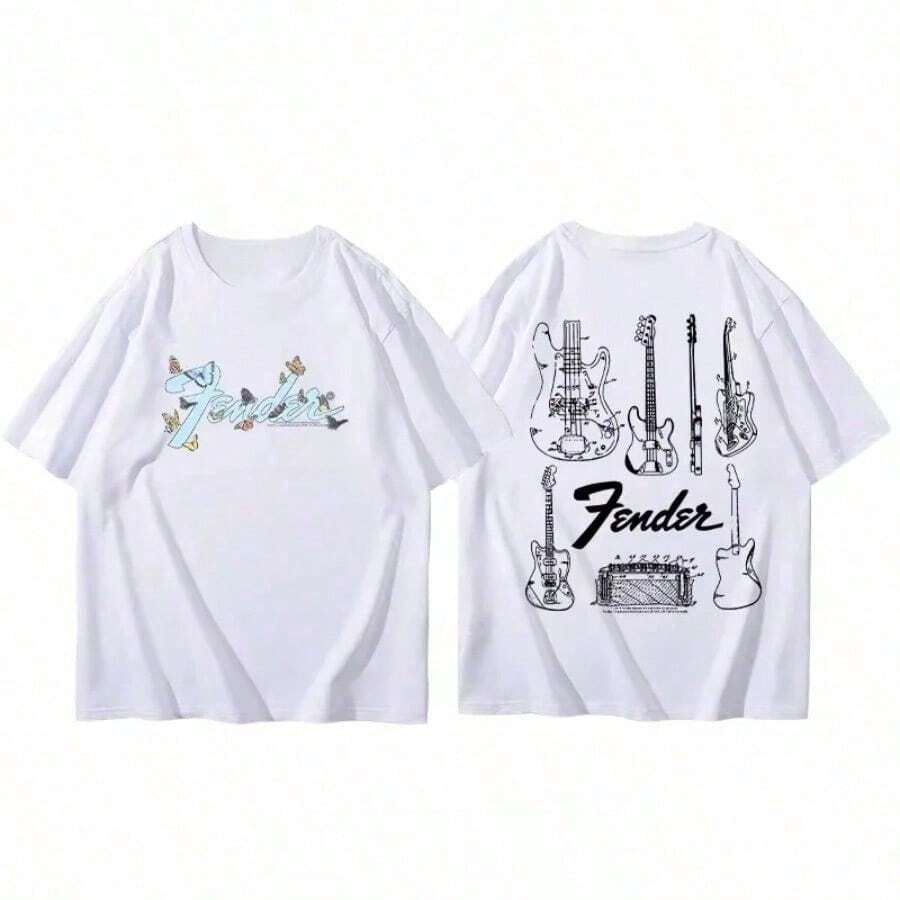Summer  T-Shirt Fender Electric Guitar Band Short Sleeved Boys And Girls Summer Guitarist Costumes Around Printed T-Shirt - 白色 - 查看 1