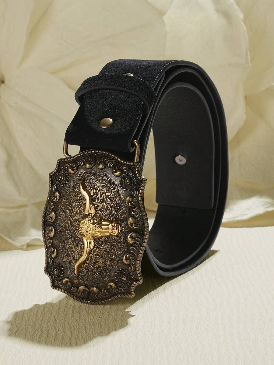 1 pieza Cinturón unisex con hebilla de cabeza de toro retro, accesorio de moda clásico de piel de PU grabada, cinturón casual de estilo occidental - Negro - Ver 1