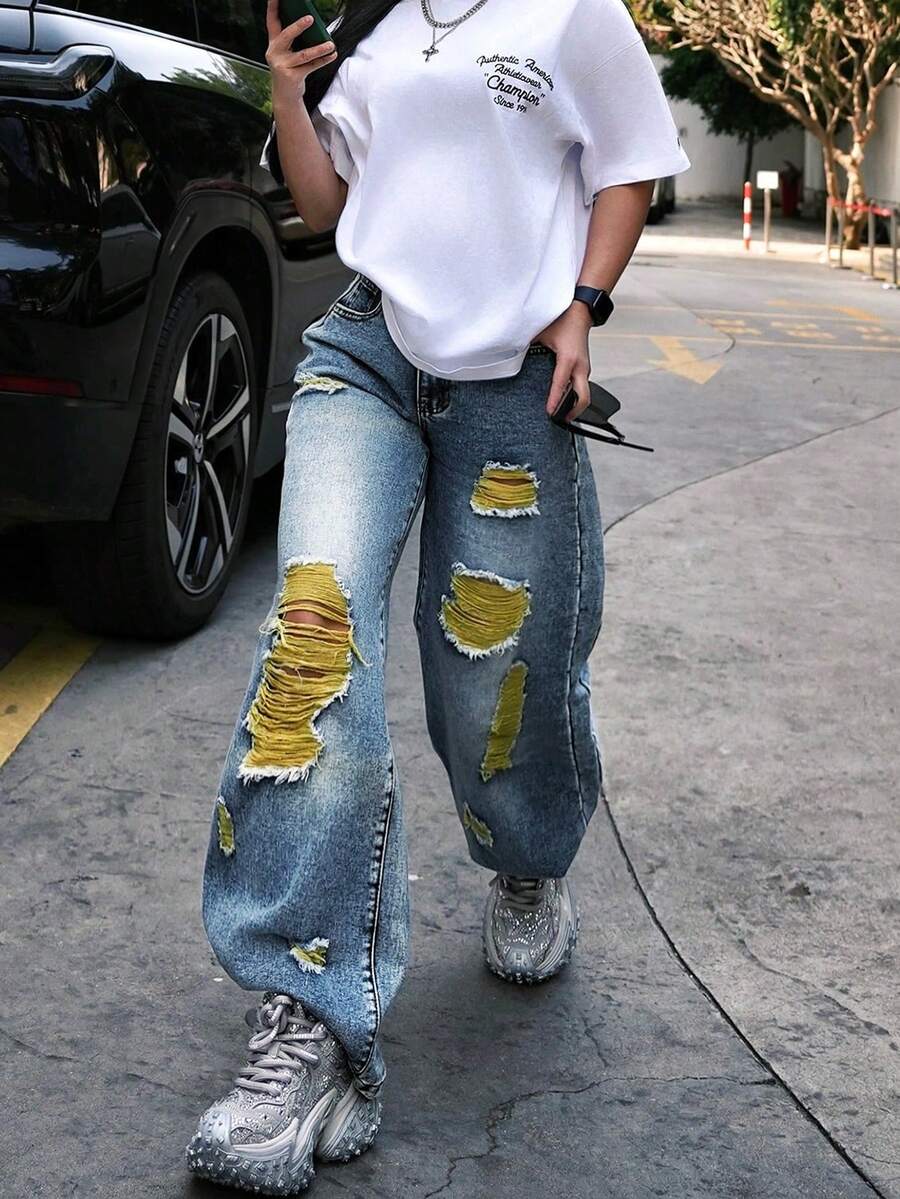 Women's Straight Leg Jeans With Yellow Frayed Details - Distressed Denim Pants With Slant Pockets, Streetwear Grunge Style - Dark Wash - View 1
