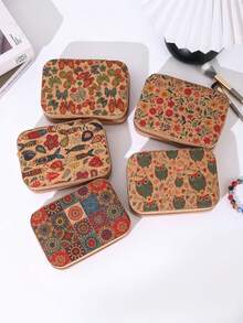 1 Pc Mini Vintage Printed Jewelry Box For Earrings, Rings, Necklaces, Travel Storage Box, Jewelry Earrings Back To School - Multicolor - View 4