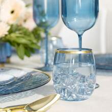 D6 Pack Blue With Gold Rim Plastic Wine Glasses Steml Disposable 12 Oz  Shatterproof Plastic Wine Cups Wine Glasses For Parties - 藍金邊 - 查看 2