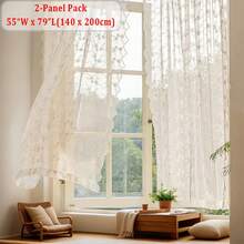 2Pcs/Set Beige European Countryside Style Ditsy Floral Embroidered Sheer Curtains, Rod Pocket Design, Easy To Hang, Durable, Privacy Protection Window Decor, Floral Embroidery Theme Suitable For Girls Room, Bedroom, Living Room, Dining Room, Outdoor