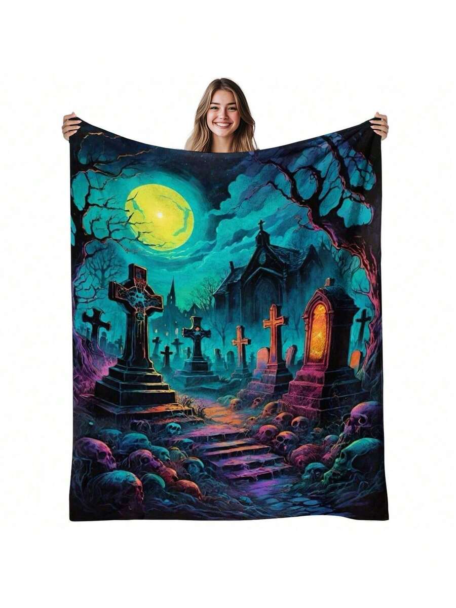 1 pezzo Coperta in flanella con scena cimiteriale gotica - Decorazione spettrale per Ognissanti e Natale con lapidi, pipistrelli e luna piena - Morbida e calda da 280 g/m², coperta versatile per letto, divano, ufficio - Lavabile in lavatrice, accento decorativo gotico in tonalità di viola, nero, blu e verde, decorazione per la casa di Ognissanti, decorazione per la stanza di Ognissanti