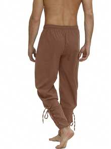 Men's Solid Color Drawstring Waist Medieval Costume Cosplay Renaissance Viking Pants - Brown - View 5