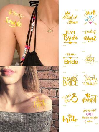 12 ark små tillfälliga kroppskonsttatueringar lämpliga för kvinnor eller män, tillfälliga tatueringar i guldfolie, guldhjärtan, ringar och textmönster. Vattentät falsk tatuering, varar i 2-5 dagar. Kan användas på händer, armar, nacke, axlar och bröst. Lämplig för helgdagar, bröllop, fester, musikfestivaler och presenter.