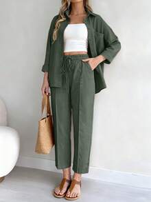 2 件套女式纯色纽扣前口袋长袖上衣和系腰长裤套装