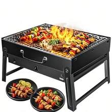 Folding Portable Charcoal Grill, Smoker Stainless Steel BBQ Grill 17.5''*11.5", Small Desk Tabletop Outdoor Barbecue Grill For Camping Picnics Garden Beach Party - Black - View 2