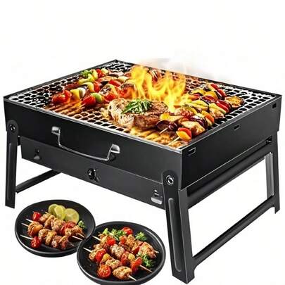 Folding Portable Charcoal Grill, Smoker Stainless Steel BBQ Grill 17.5''*11.5", Small Desk Tabletop Outdoor Barbecue Grill For Camping Picnics Garden Beach Party