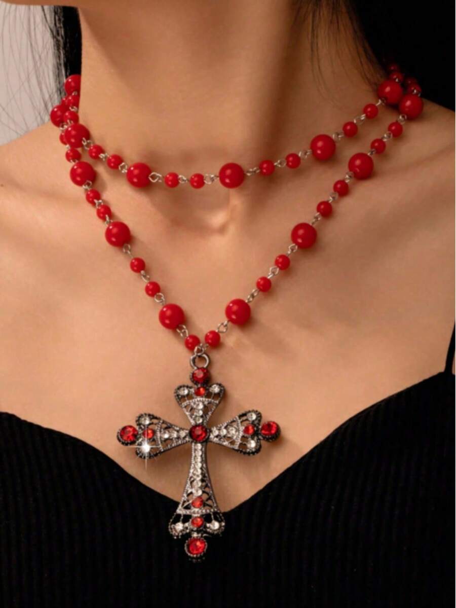 Gothic Style Double-Layer Metal Cross Pendant Necklace With Red Beaded Chain, Suitable For Women - Multicolor 5 - View 1