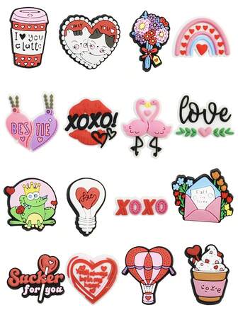 16件情人节系列饰品，经典独特，激发无限创意灵感。耐用PVC材质，粉色和红色，情人节装饰，适合DIY装饰。无论是用来点缀鞋子、包包、手镯，还是作为派对礼物、节日装饰品或生日礼物，都能展现您的独特魅力。