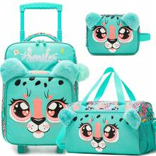 儿童带轮行李箱套装，可爱猫咪图案软壳旅行箱，16英寸登机箱，带旅行袋，符合航空公司规定
