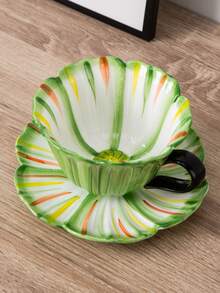 Cabin Kangaroo 一套彩色渐变花卉手绘花瓣边陶瓷咖啡杯碟套装，复古手工下午茶杯，马卡龙色早餐杯，礼品之选 - 彩色 - 查看 13