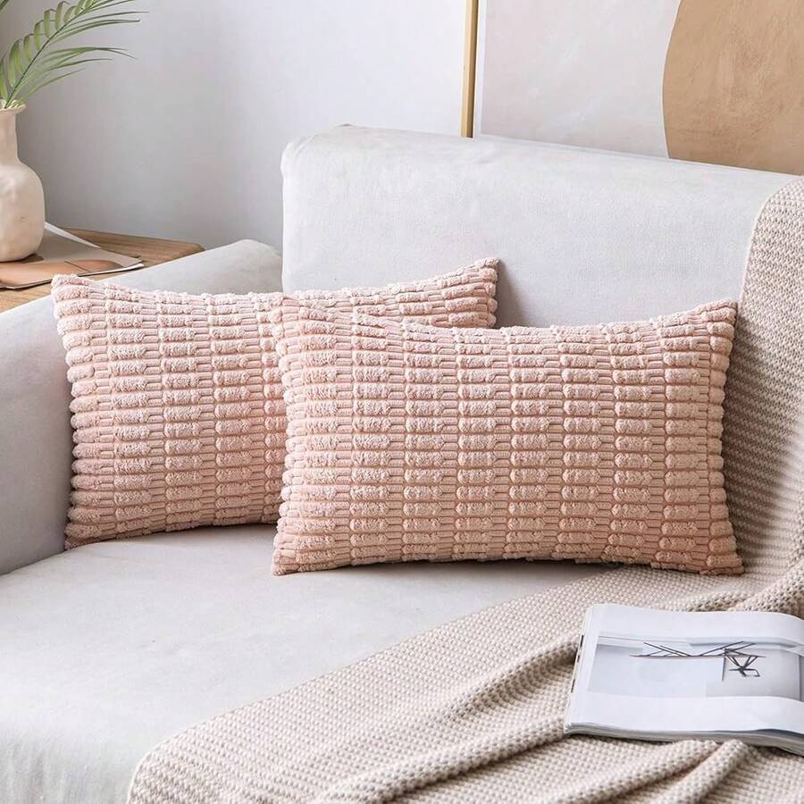 MIULEE Pack Of 2 Corduroy Decorative Throw Pillow Covers 12x20 Inch Soft Boho Striped Pillow Covers Modern Farmhouse Home Decor For Spring Sofa Living Room Couch Bed Pink,2220inchx12inchPackof2 - 2220英寸 x 12英寸,2個裝 - 查看 1